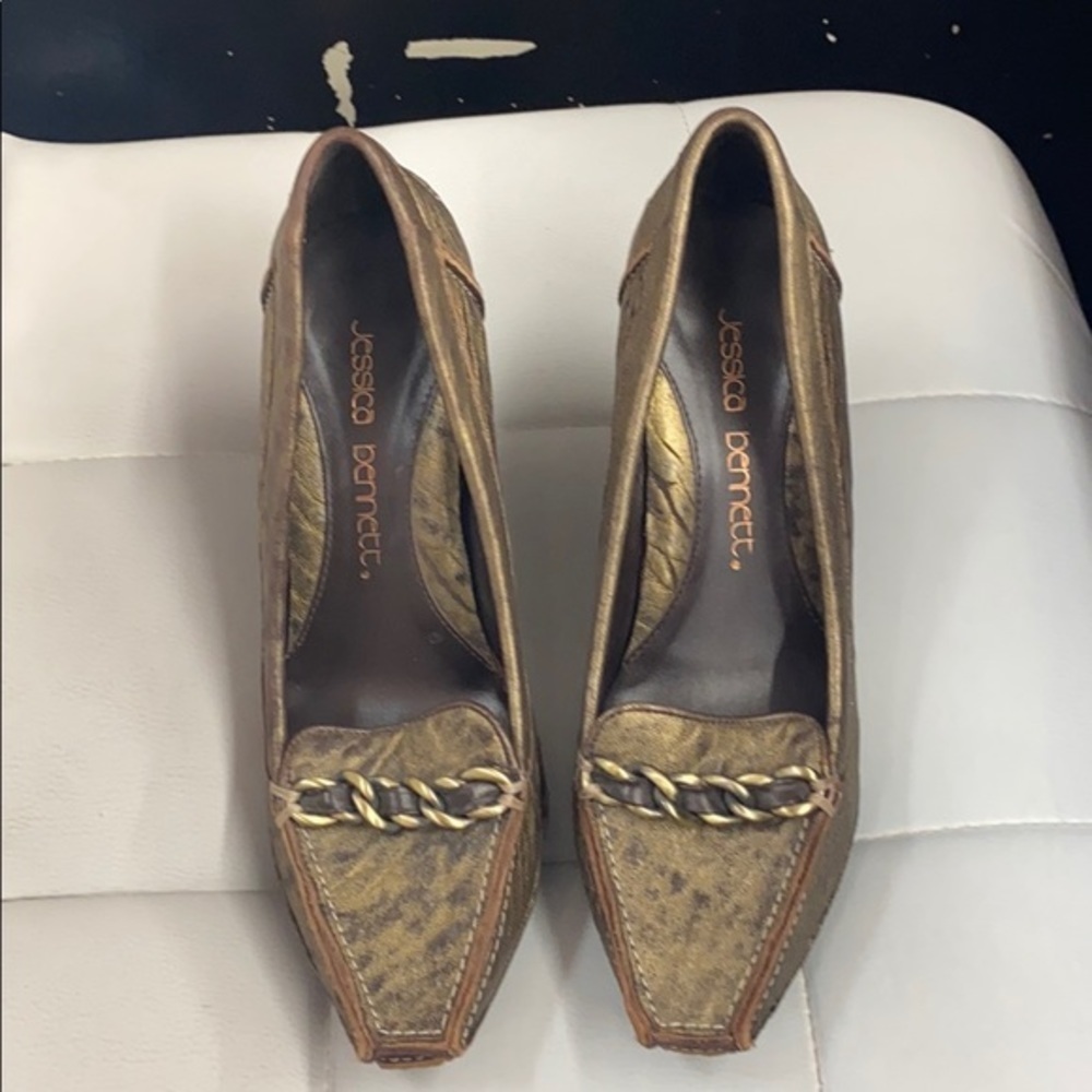 Jessica Bennett Bronze Wedge Heels Chain Detail Size 7.5
